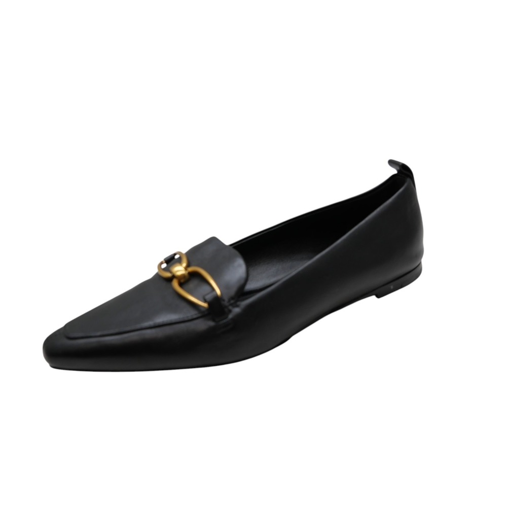 Veronica Beard Champlain Loafers 7 Black Leather Gold Horsebit Pointed Flats - Picture 2 of 8